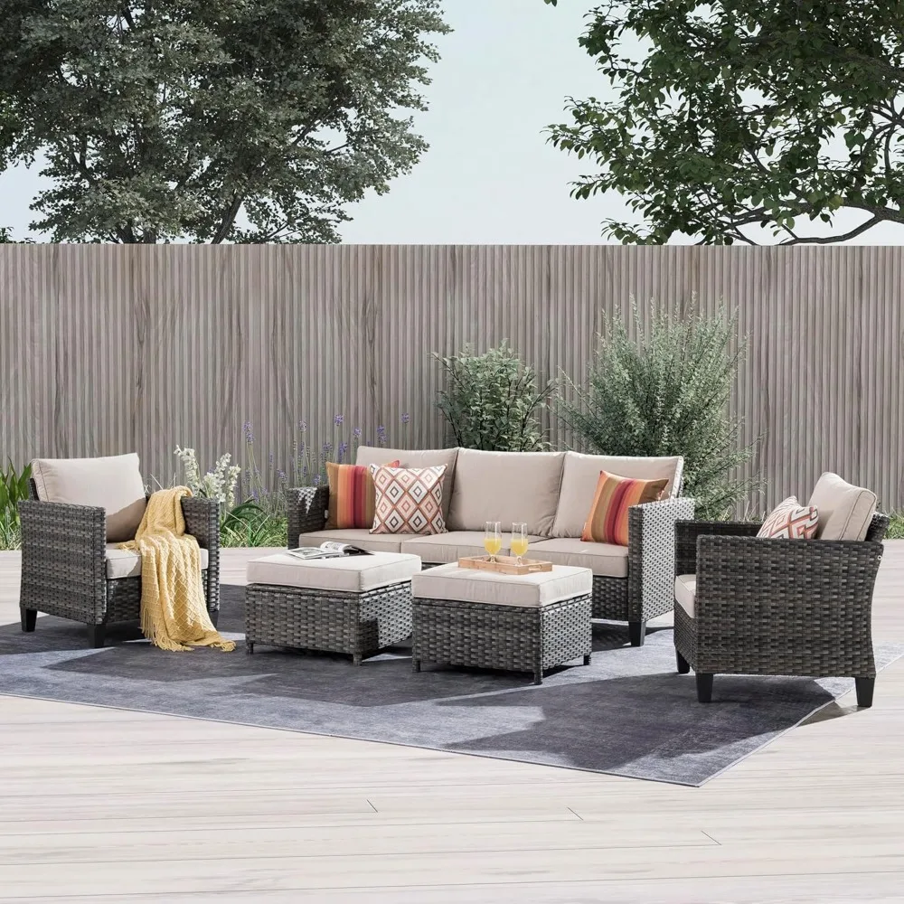 

Patio Furniture Set, 5 Pieces Outdoor Wicker Rattan Sofa Couch with Chairs, Ottomans and Comfy Cushions, All Weather High