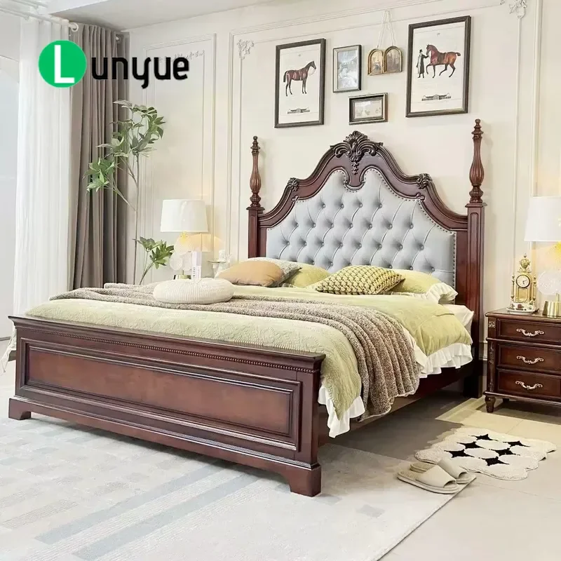 European Retro Solid Wood Bed Frame with Roman Columns Luxury Leather Tufted Headboard Vintage Style Bedroom Furniture