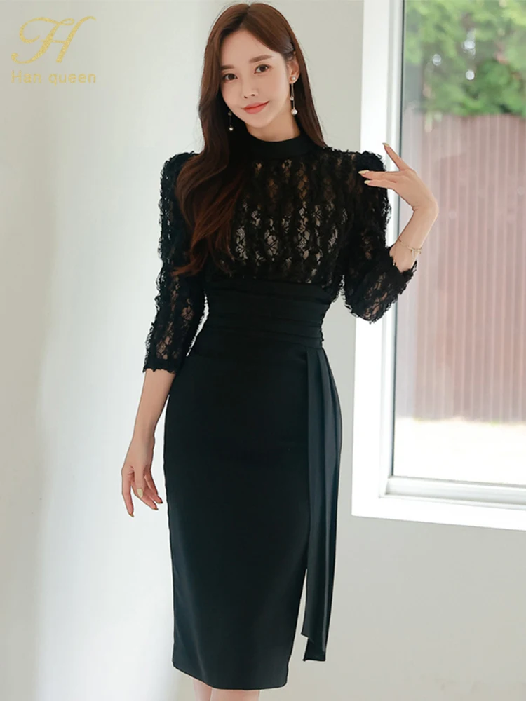 H Han Queen 2024 Spring New Lace Patchwork Party Dress Women Sheath Black Dresses Fashion Bodycon Midi Vestidos Female Clothing