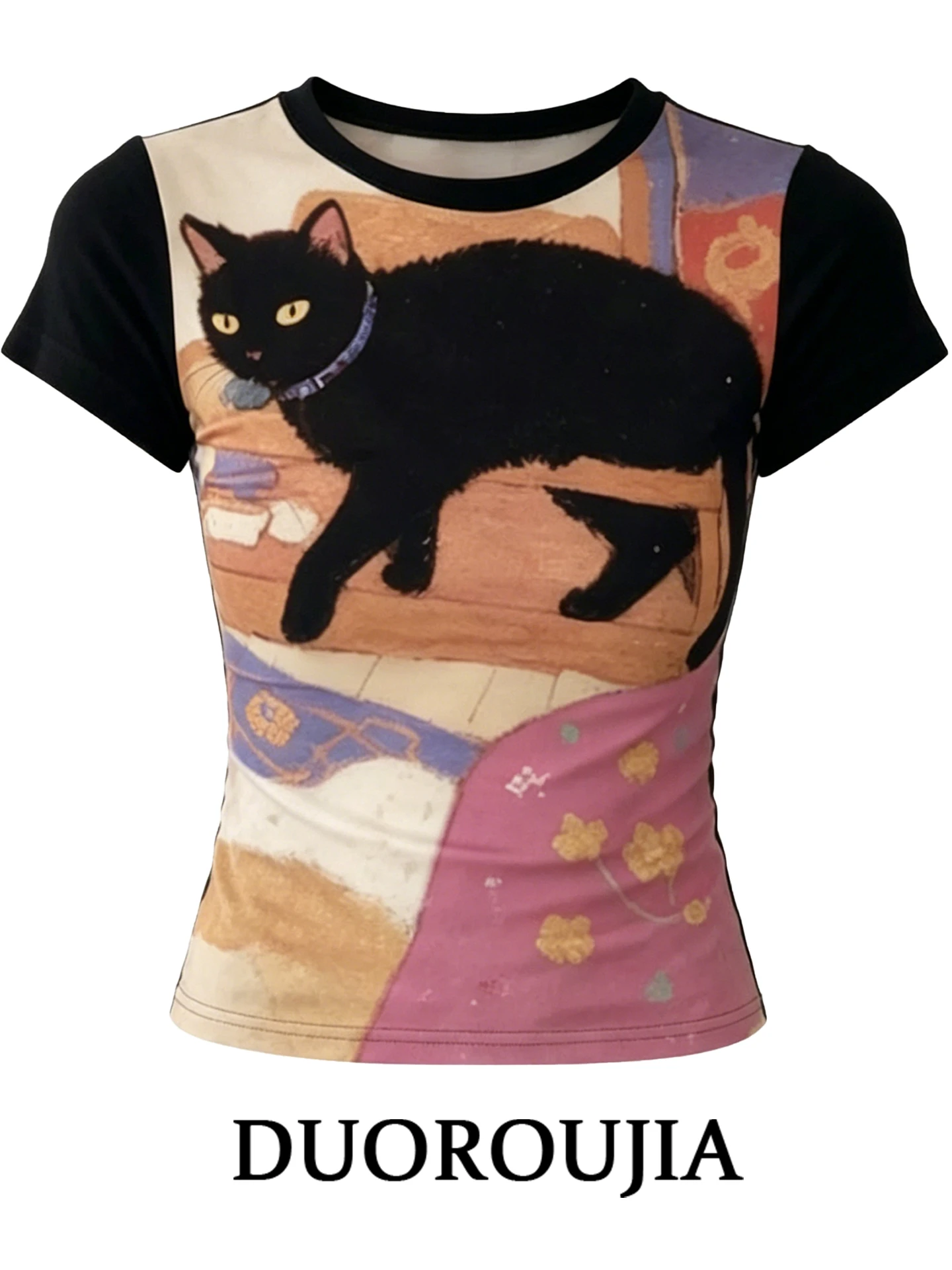 

Slim Fit Korean Style round Neck Short Sleeve T-Shirt Women's Summer plus Size Waist Cinching Print Top Casual Wear
