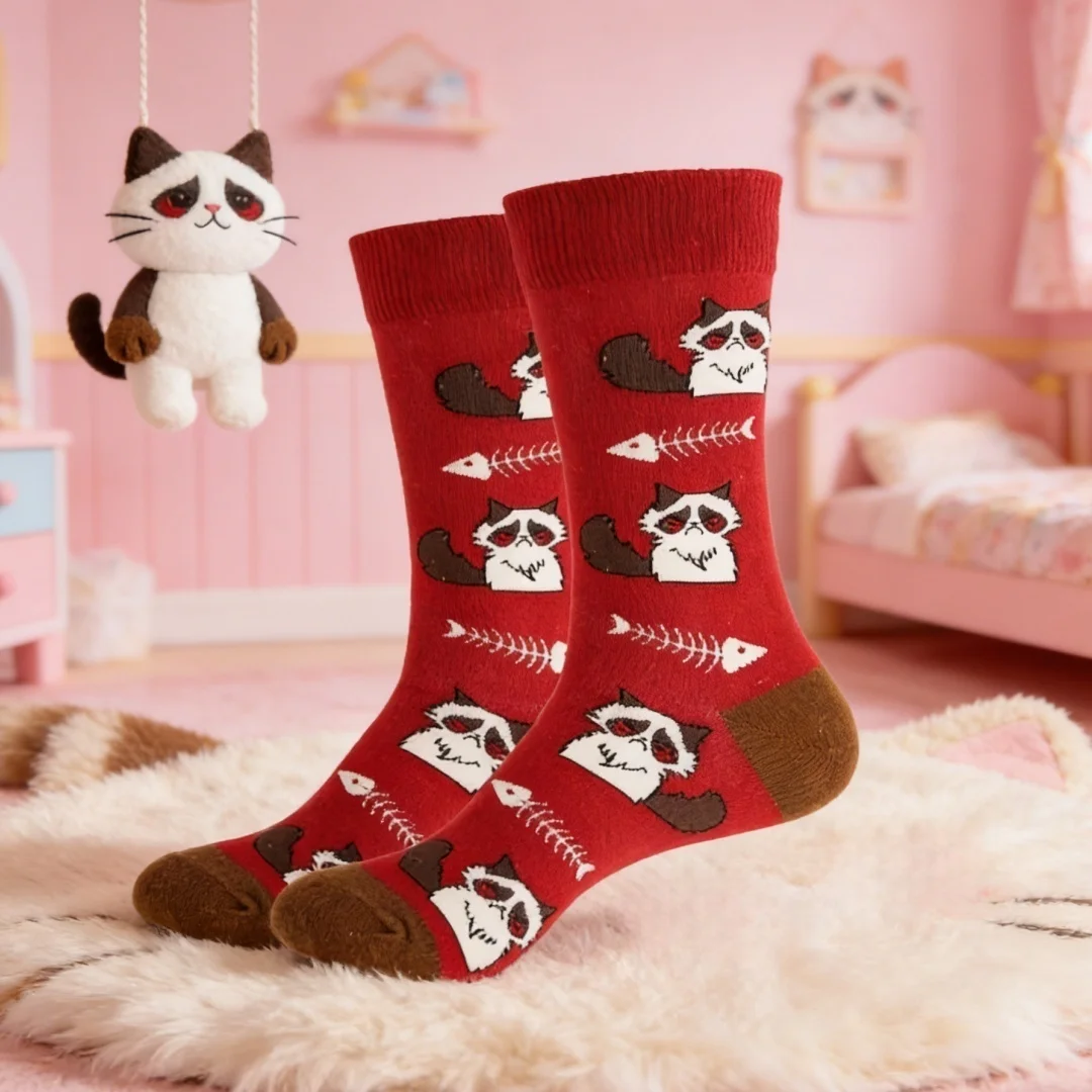 

1 Pair of Cat-Themed Mid-Calf Socks: Sassy Cat and Fishbone Design，Perfect for Cat Owners