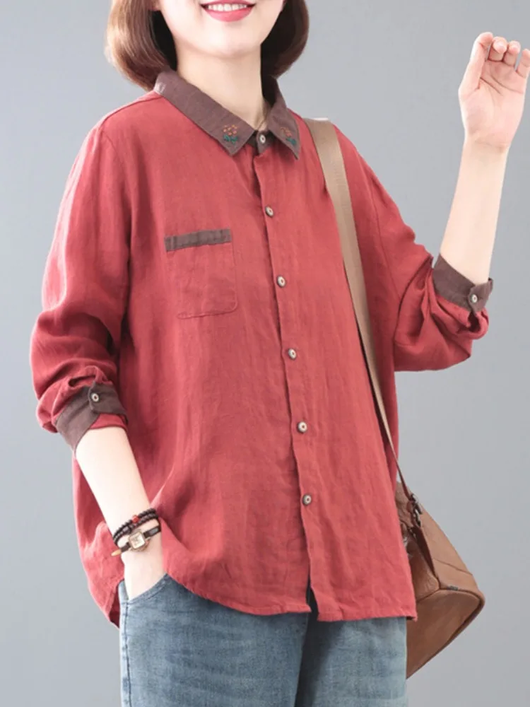 Lässiges, langärmliges Oberteil aus Baumwoll-Leinen für Damen, einfarbig, schlankmachend, mit Knopfdesign, normale Passform, einfarbig, Herbstkleidung