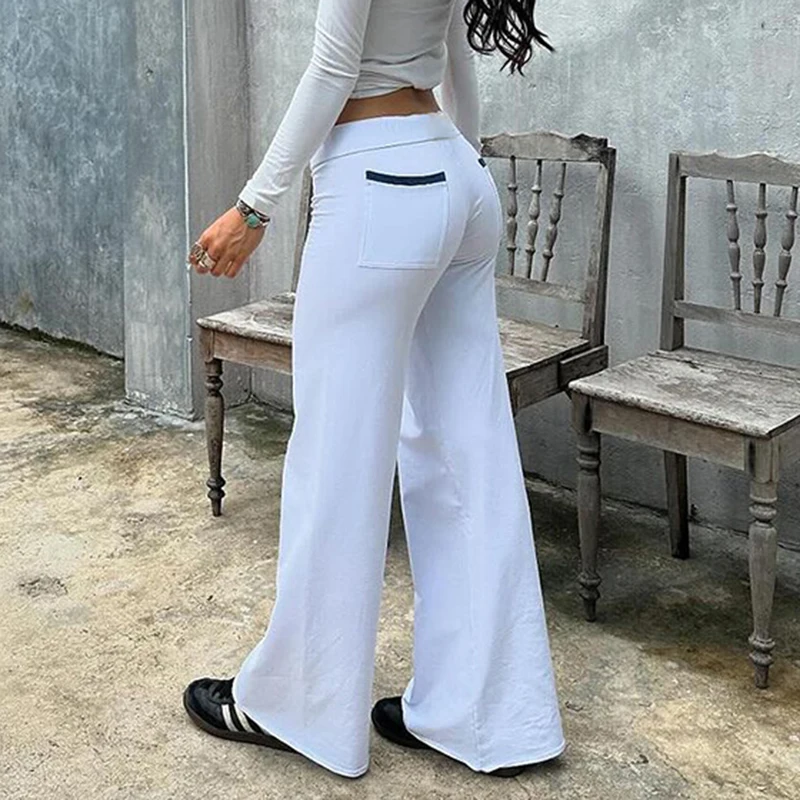 BIIKPIIK Contrasting Pockets Knitted Pants Casual Low Waisted Women Flare Pants Concise All-match Solid Trousers Summer Bottoms