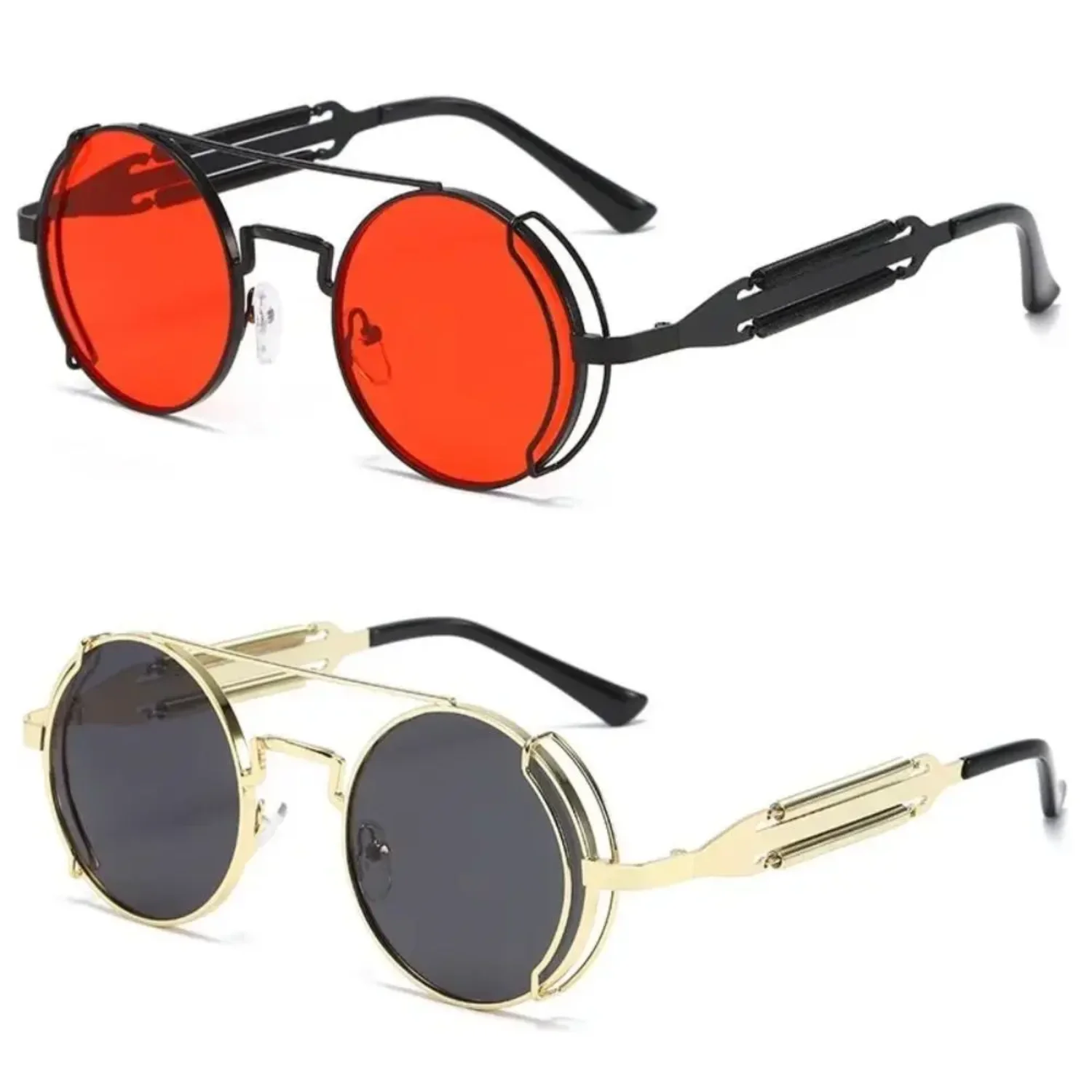 Steampunk Sunglasses Men Round Red Lens Punk Sun Glasses Black Metal Gothic Style 2024  Products Women UV400 Shades