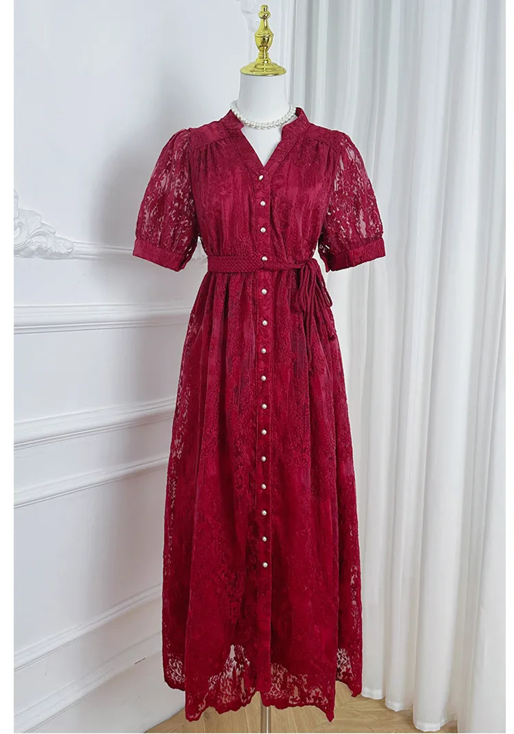 Women Elegant Evening Formal Occasion Dress Summer Short Sleeve Single Breasted  Embroidery Prom Wedding Long Dress