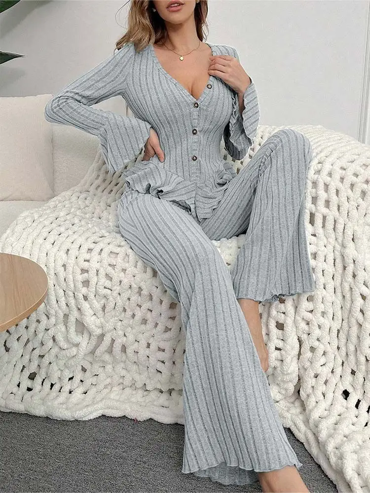 

2025 Autumn New Lazy Comfortable Autumn Winter Long Sleeve Long Pants Pajama Set for Women