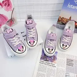 Chaussures décontractées en toile Disney pour filles, semelle souple, haut, dessin animé Minnie, violet, blanc, chaussures plates respirantes, taille 24-37