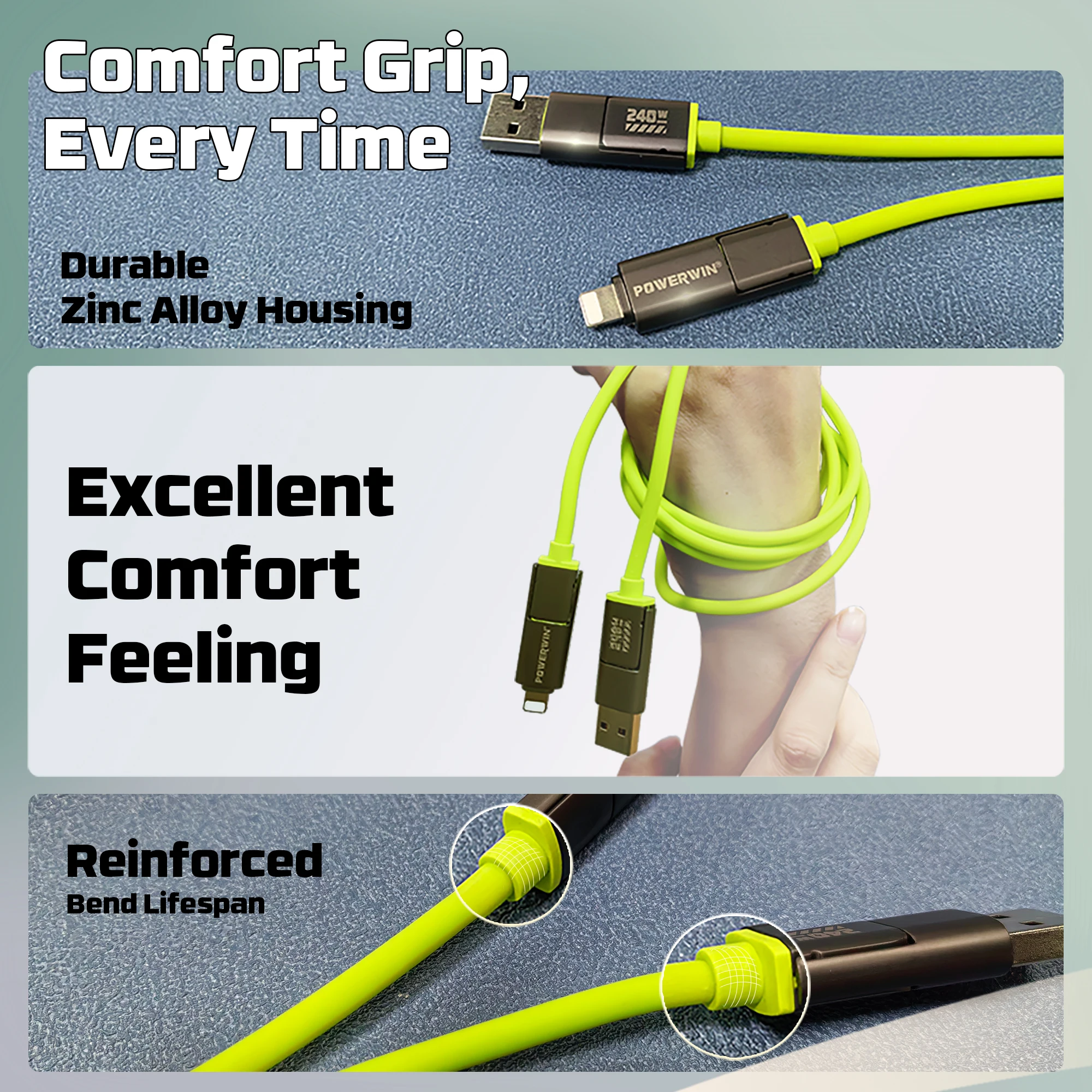 POWERWIN PWC240 240W 4 en 1 Cable de datos de carga rápida Cable tipo C Línea de cable de carga rápida multipuerto