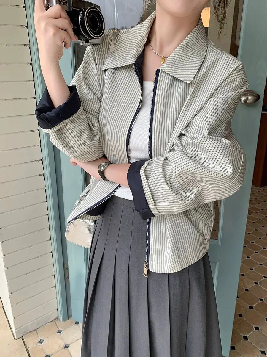 Korean-style Striped Jacket Double-sided 2025 Spring and Autumn New Casual Versatile Loose Slimming Top Trendy