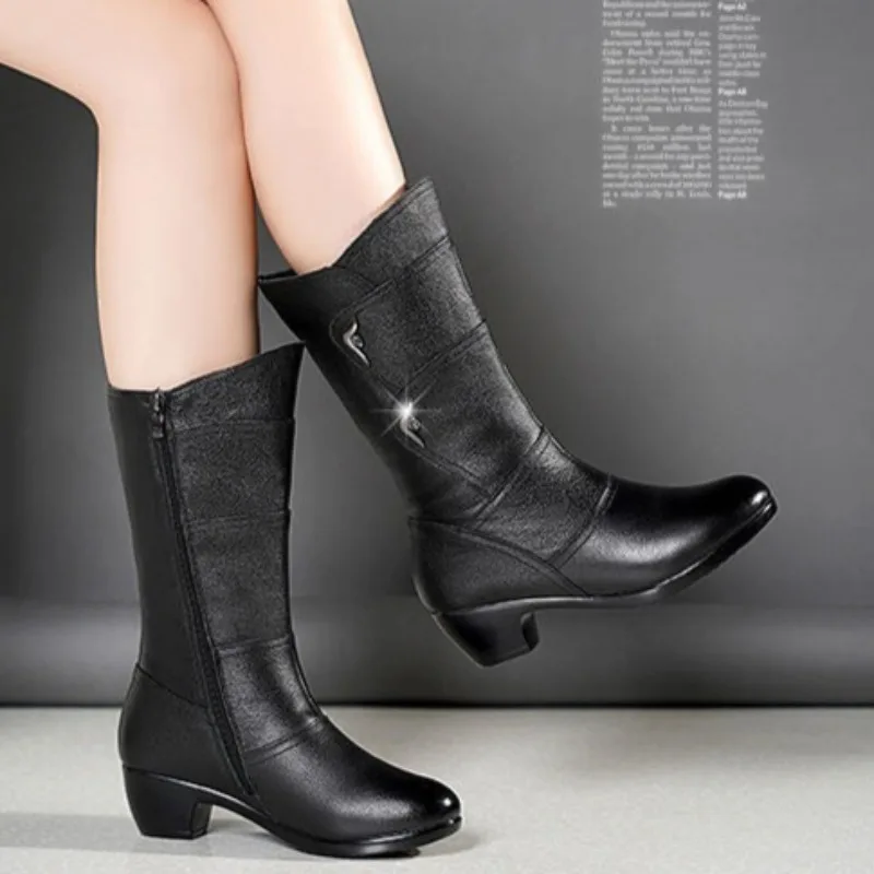 

Luxury Women's Boots Fashion Mid-calf Leather Boots Winter Plush Warm Snow Boots for Women Wedge Heel Cotton Boot Botas De Mujer