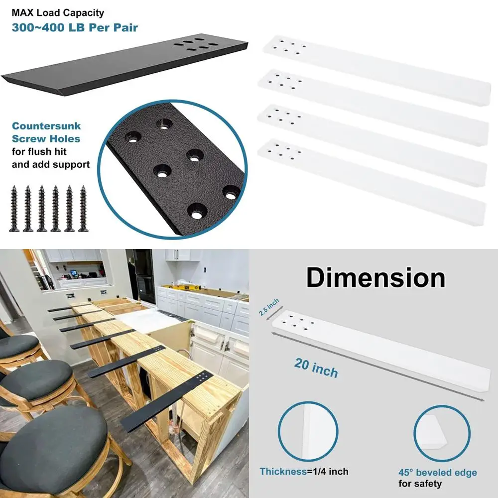 

4-Pack 20x2.5 White Hidden Countertop Brackets for 3/8 Thick Surfaces, Heavy Duty with Screws