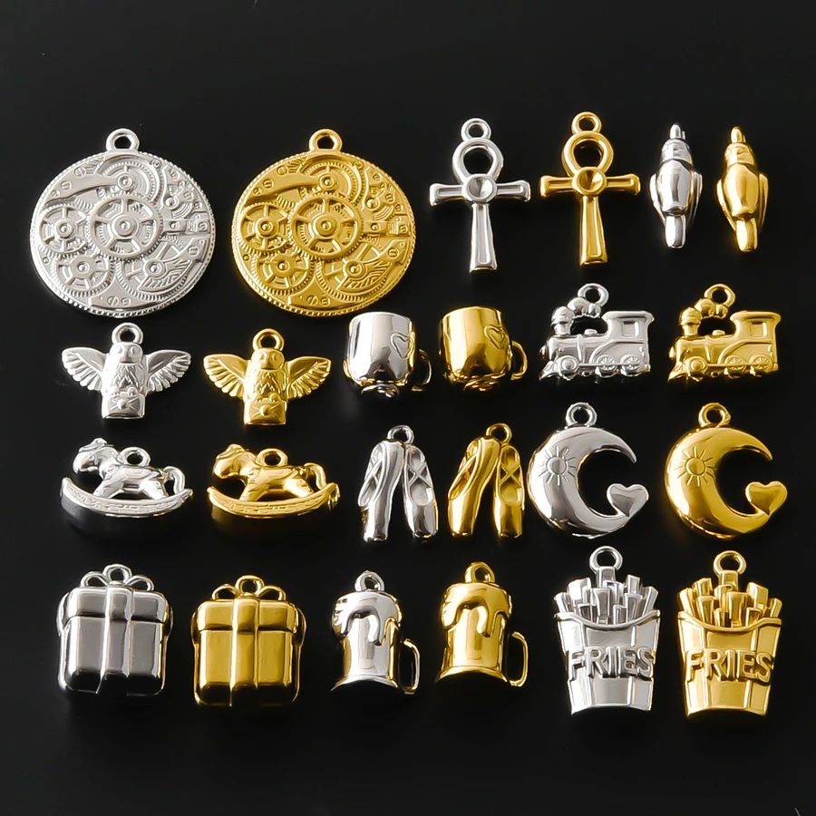 10Pcs Real Gold Plated Stainless Steel Charms Pendants Vintage Gear Coin Ankh Cross Owl Train Moon Gift Box Pendant DIY Jewelry