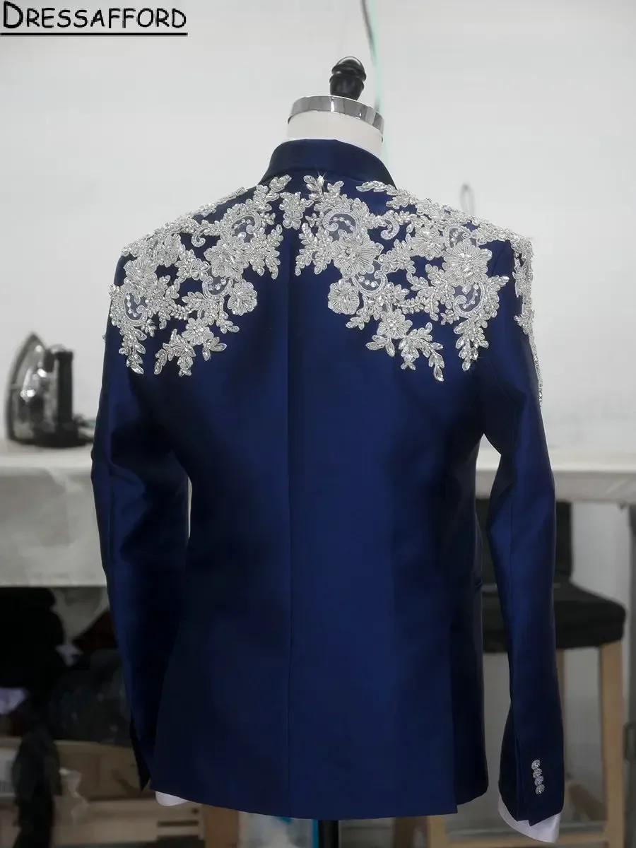 Blue Appliques Lace Beaded 2 Piece Blazer Pants Men Suits Formal Prom Wedding Groom