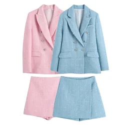 Primavera autunno donna blu Tweed Blazer cappotto elegante giacca Set a vita alta minigonna pantaloncini per ufficio signora abiti 2 pezzi Set