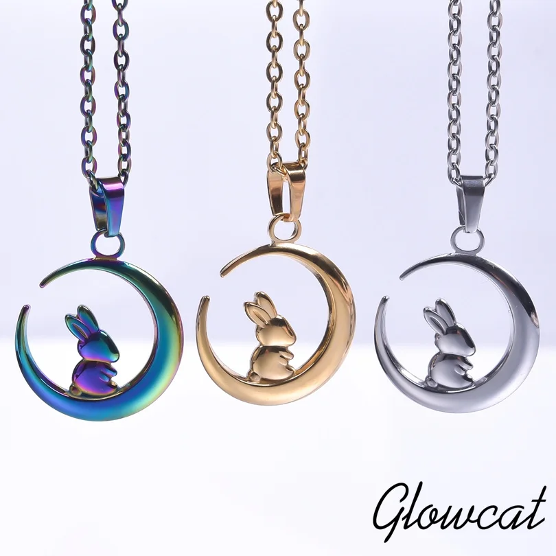 Kawaii Animal Rabbit Moon Pendant Necklaces For Women Men Accessories Stainless Steel Necklace Fashion Jewelry Neck Decoration