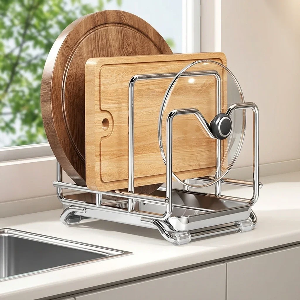304 Stainless Steel Vertical Pot Lid Holder Kitchen Multipurpose Storage Draining Rack For Cookware Utensils