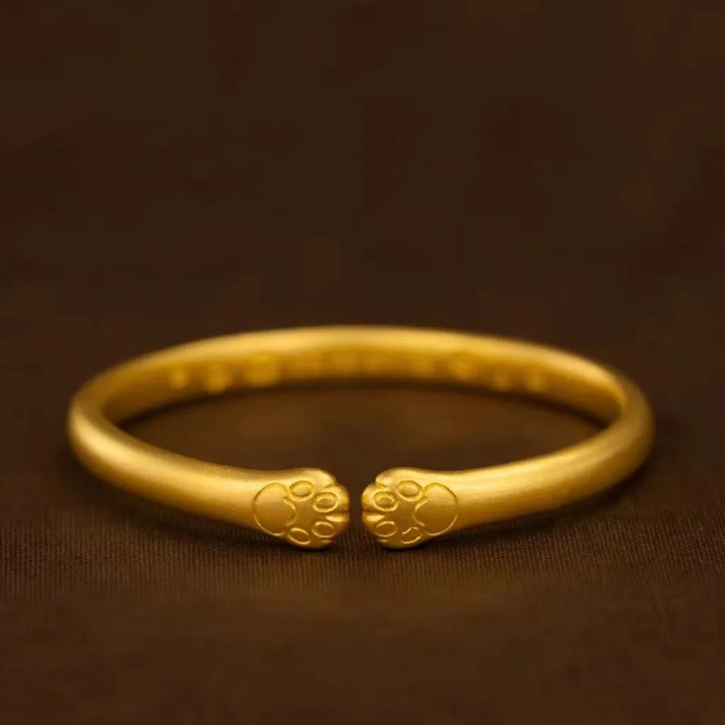 Cute Gold Color Cat Claw Meat Pad Imprint Open Bracelet and Ring Fine Carved Pattern Jewelry for Pet Lovers Matching Jewelry