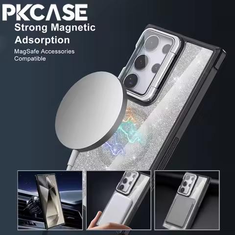PKCASE Glitter Acrylic Magnetic Phone Case For Samsung S25 S24 S23 Plus Ultra S21 FE Bracket Glass Lens Protection Cover