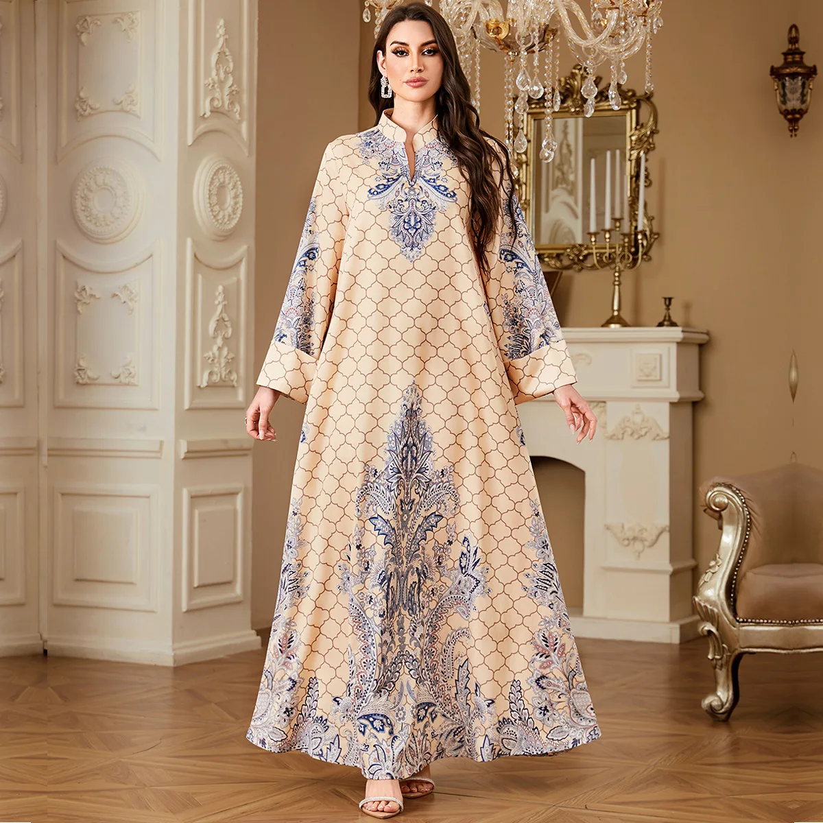 

Американская мусульманская новая мода 2025 года, арабское женское свободное повседневное модное элегантное платье с воротником-стойкой и длинными рукавами с принтом, женская одежда