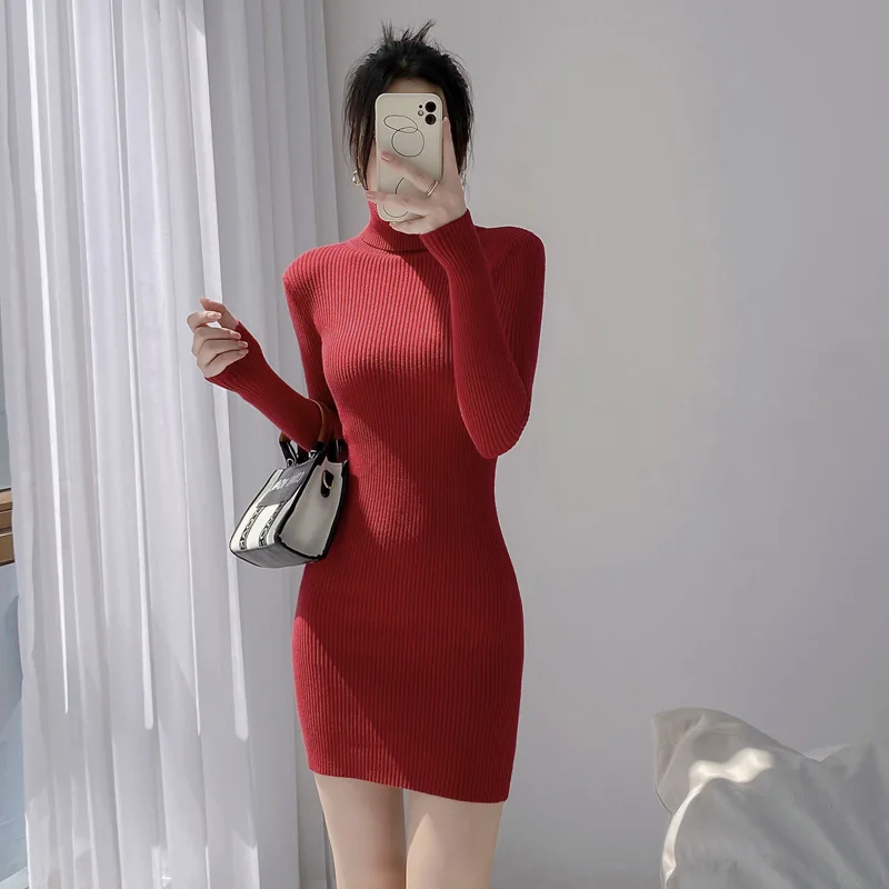 Women Sexy Knitted Dress Turtleneck knit Dresses Full Sleeve Stretch Basic Long style Bodycon Solid Sweater