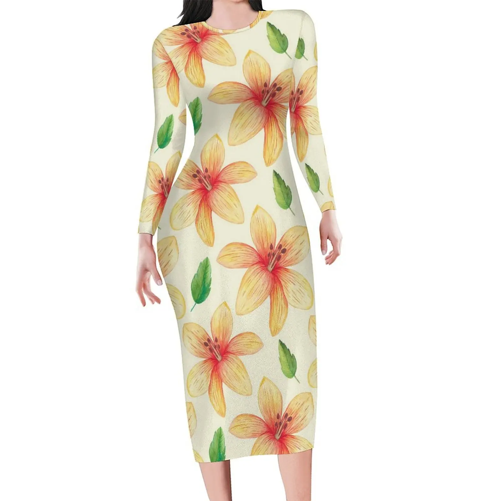 Robe à imprimé floral de lys pour femmes, fleurs jaunes, tambours esthétiques, manches longues, robes élégantes, surdimensionné, éducatif, automne