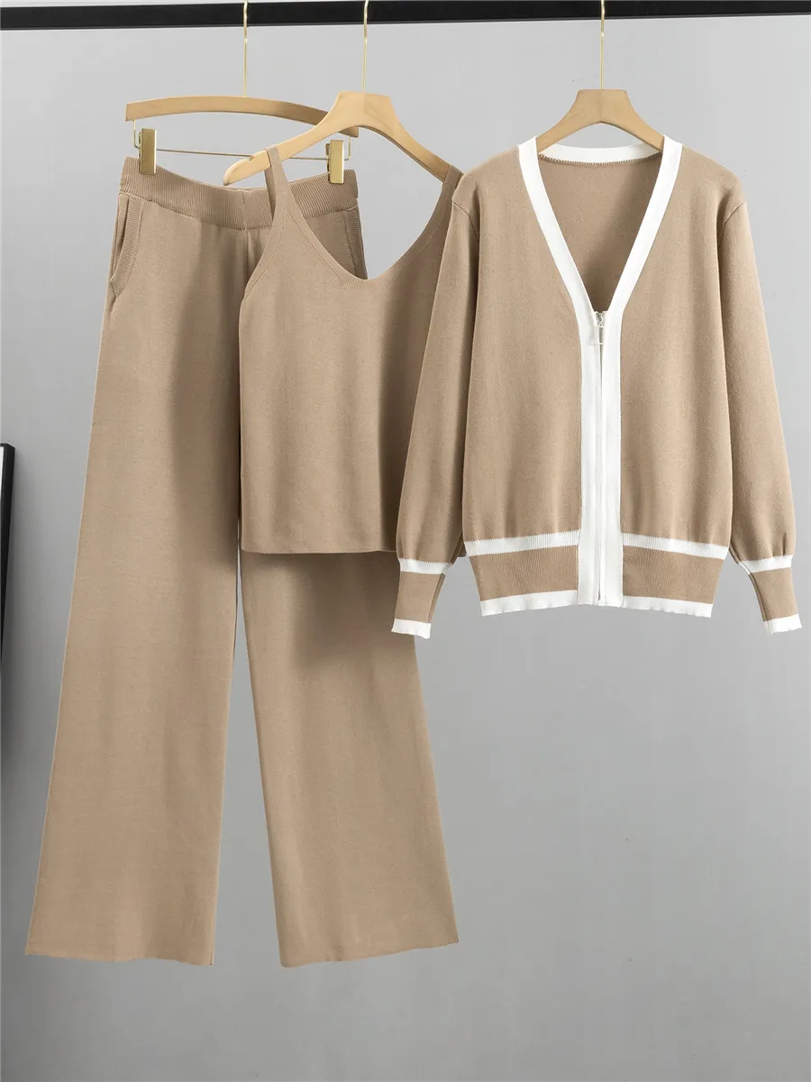 Fashionable Three-Piece Women's Set Slimming Knitted Top Strap Wide Leg Pants for Spring Autumn Stylish Ensemble