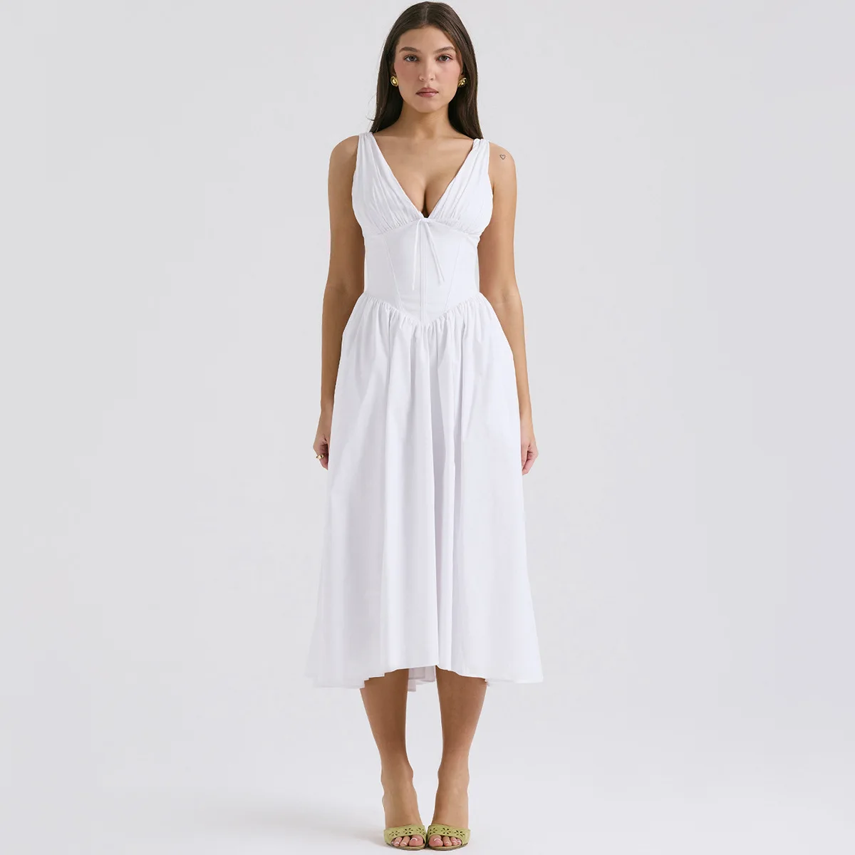 Biaลa plisowana koronka bez plecรณw wakacyjna sukienka damska elegancka seksowna sukienka Bodycon Midi dลuga letnia sukienka Vestidos