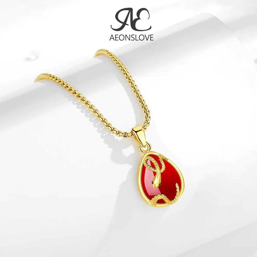 

AEONSLOVE 18k Gold Teardrop Carnelian Necklace Gothic Snake Pendant Amulet Healing Stone Jewelry Spiritual Gift for Women Men