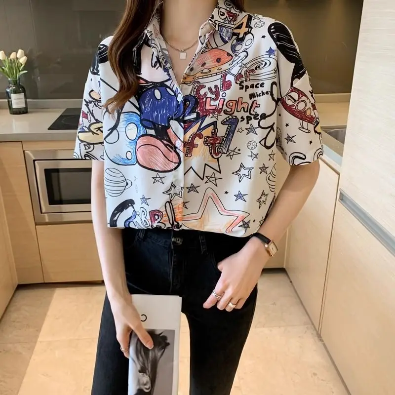 Women Summer Fashion Loose Printing Trend Polo-Neck Short Sleeve Shirts Women Clothes Casual All-match Appear Thin Thin Top Tee