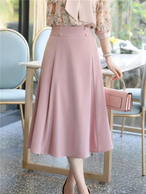 Womens A Line Midi Skirt Korean Fashion Elegant OL High Waisted Office Lady White Pink Black