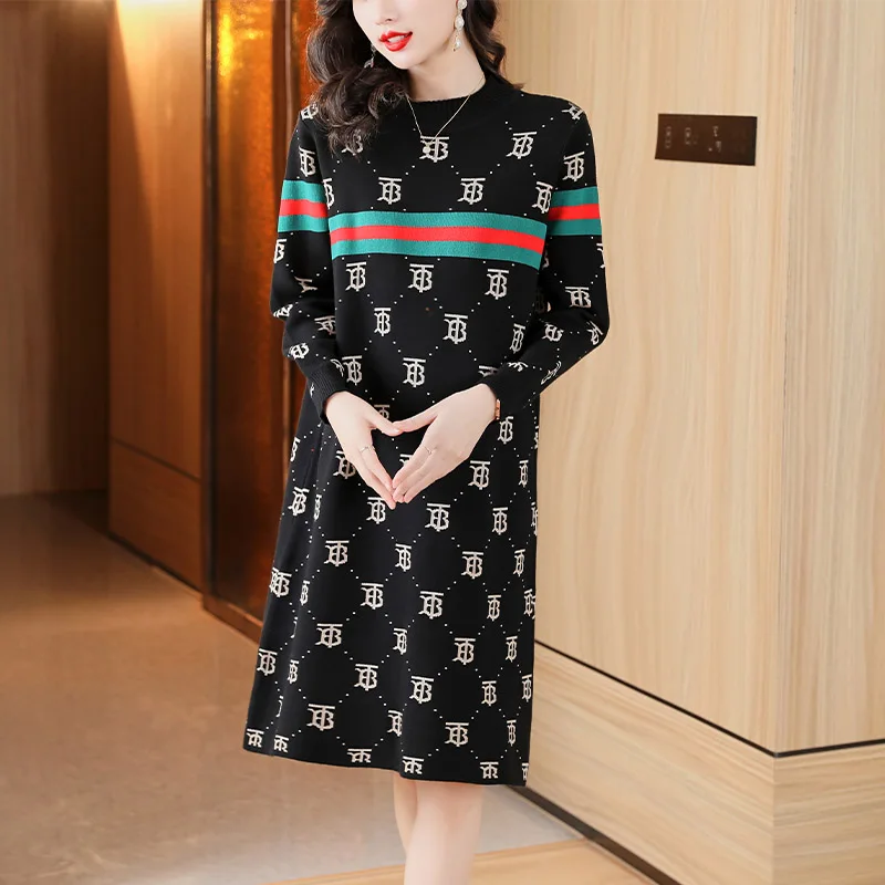 2023 Autumn Winter High Quality Temperament Knitted Dress Women\'s Striped Letter Jacquard Slim Wool Sweater Dresses