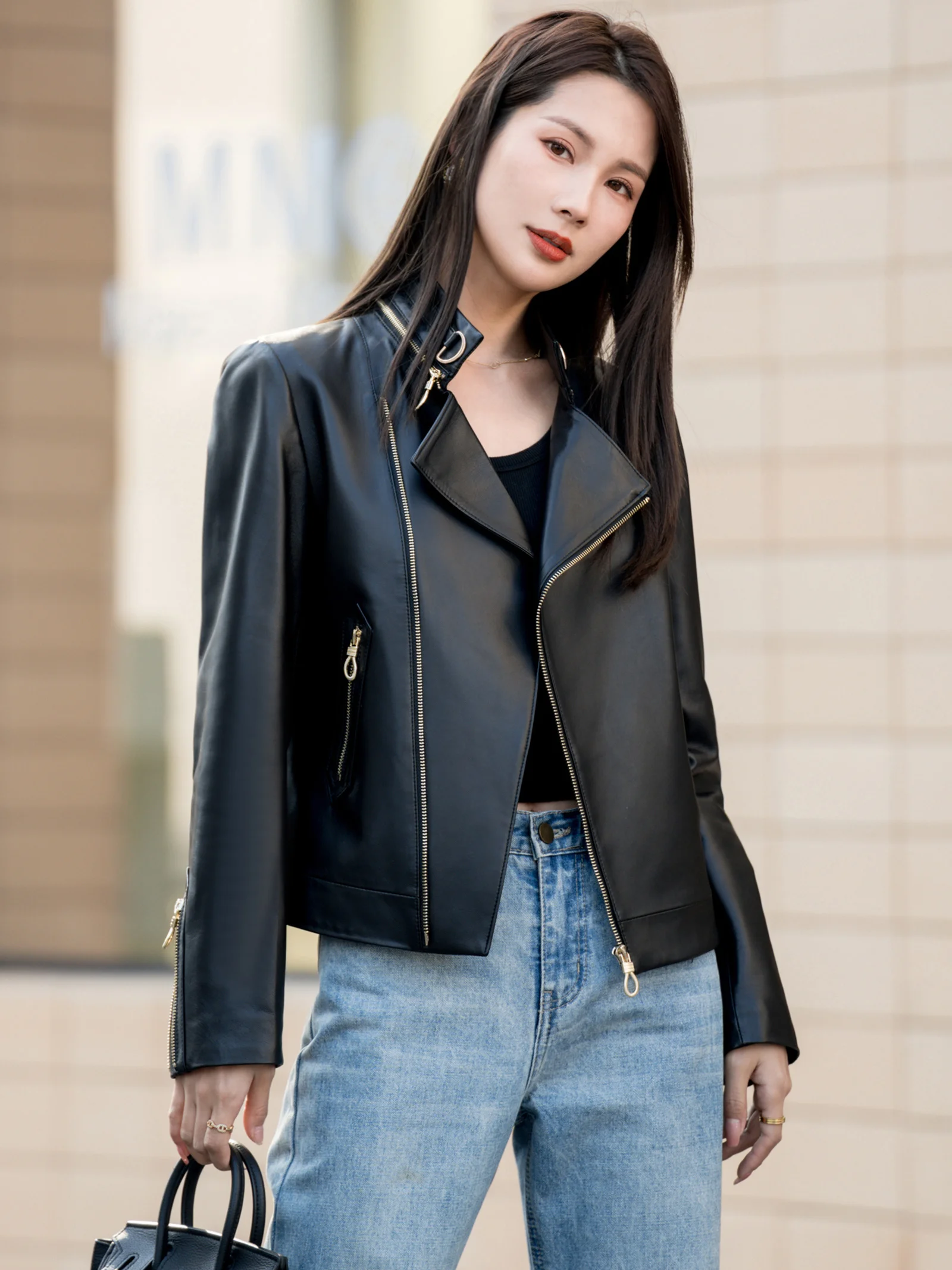 Leather Coat Women's 2023 New Spring and Autumn Small stature Short Sheep Haining Leather Small Standing Neck Motorcycle Jacket