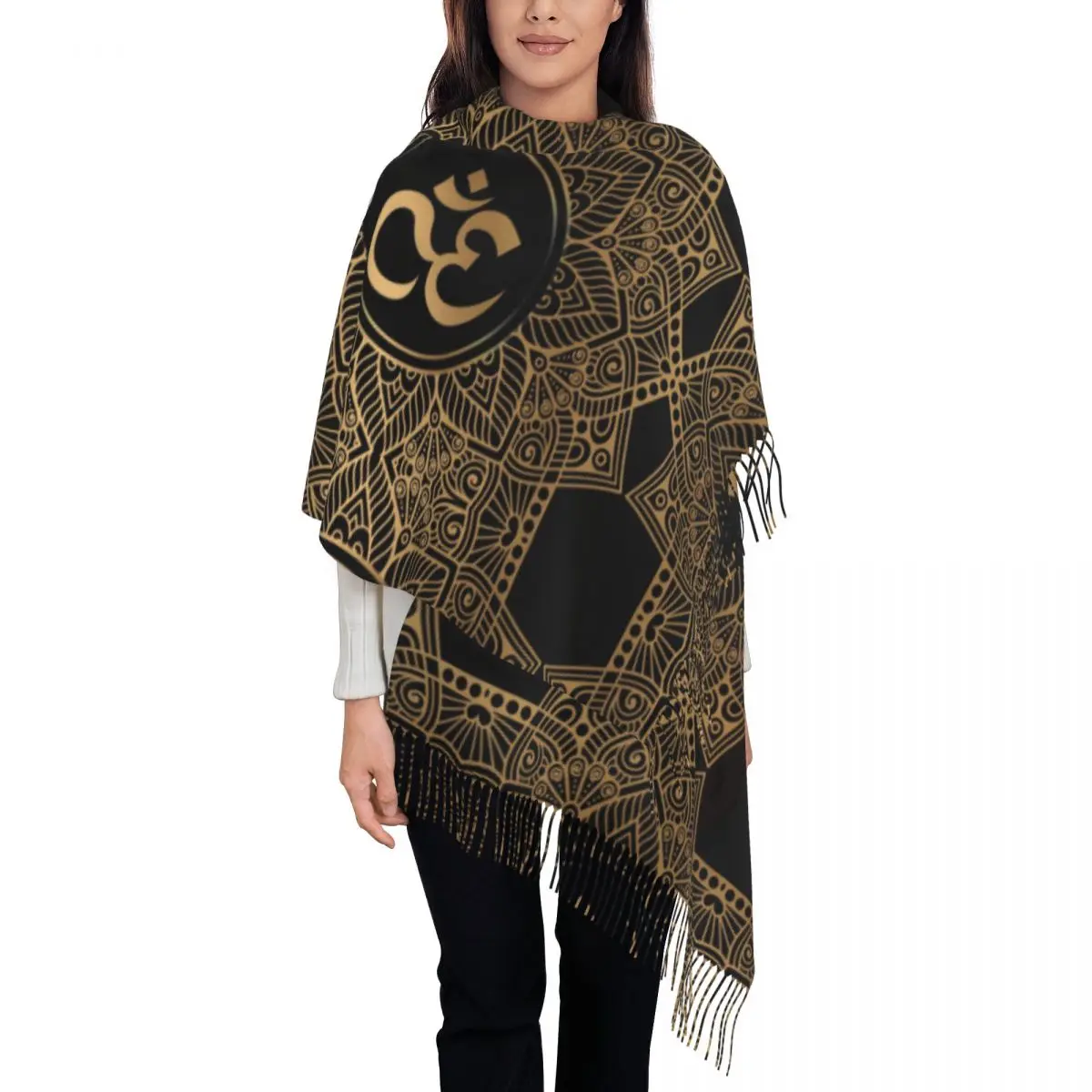 

Golden Mandala Buddhism Aum Tassel Scarf Women Soft Om Yoga Meditation Shawls Wraps Ladies Winter Scarves