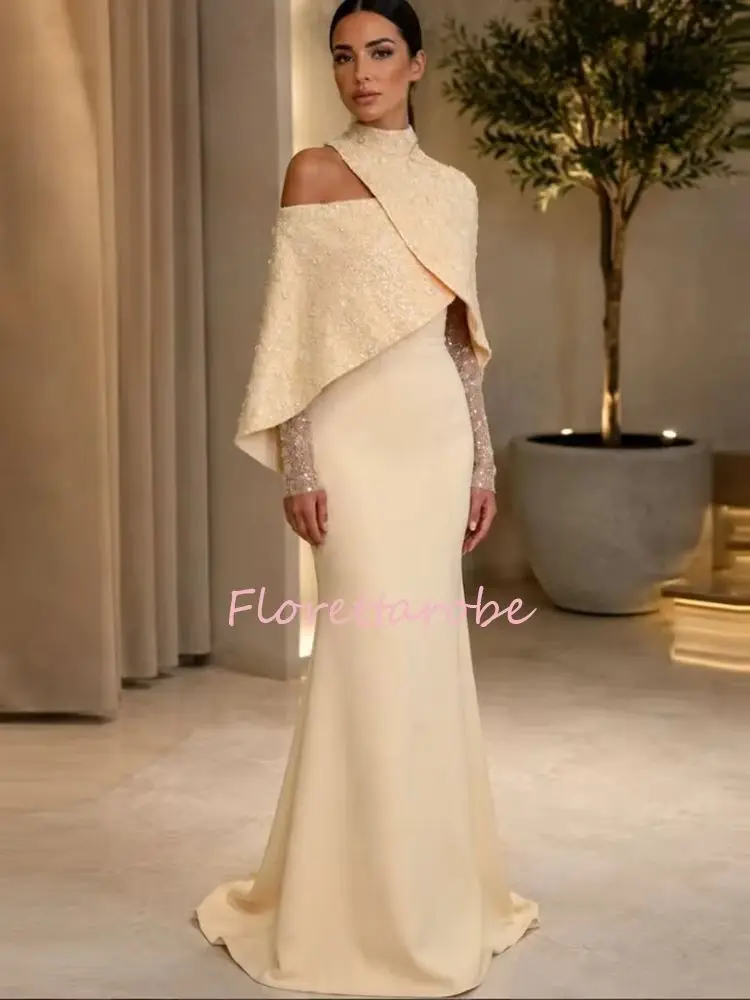 Customized Evening Dress with Short Cape Sequin Detail Prom Gown Long Sleeve Yellow Arabic Dubai Wedding Guest Dresses