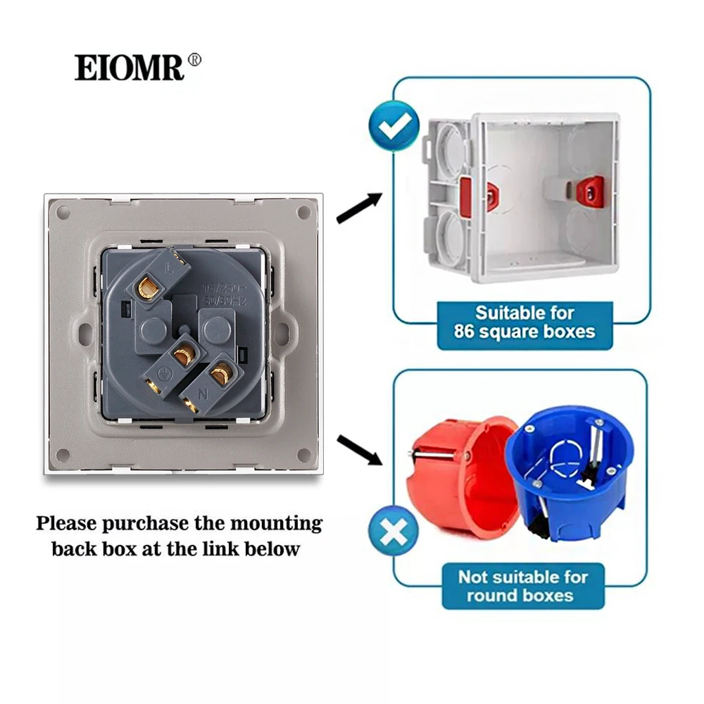 Tomada elétrica do painel de vidro de cristal cinzento preto branco da c.a. 110-220v do soquete 16a do padrão da ue de eiomr para aparelhos elétricos