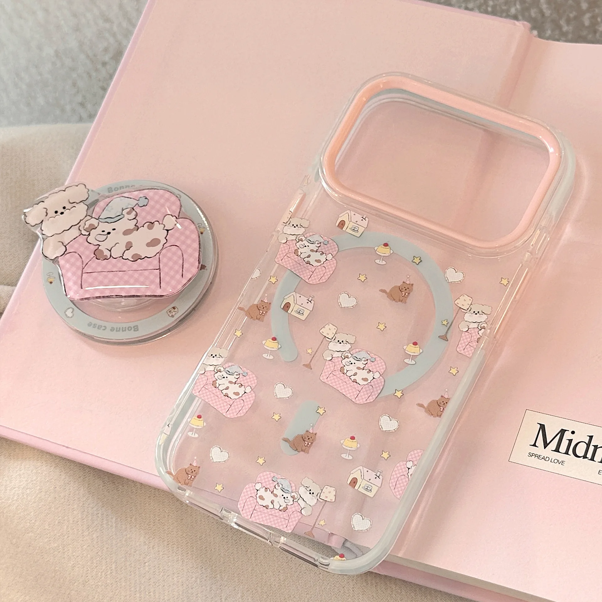 الكورية الكرتون الوردي أريكة جرو البيت حامل المغناطيسي جراب هاتف آيفون 17 16 15 14 13 12 برو ماكس واضح للصدمات لينة غطاء