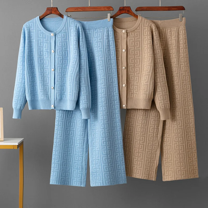 

Модный женский комплект весенне-осеннего жаккардового кардигана, свитера + повседневные спортивные широкие брюки, комплект из двух предметов