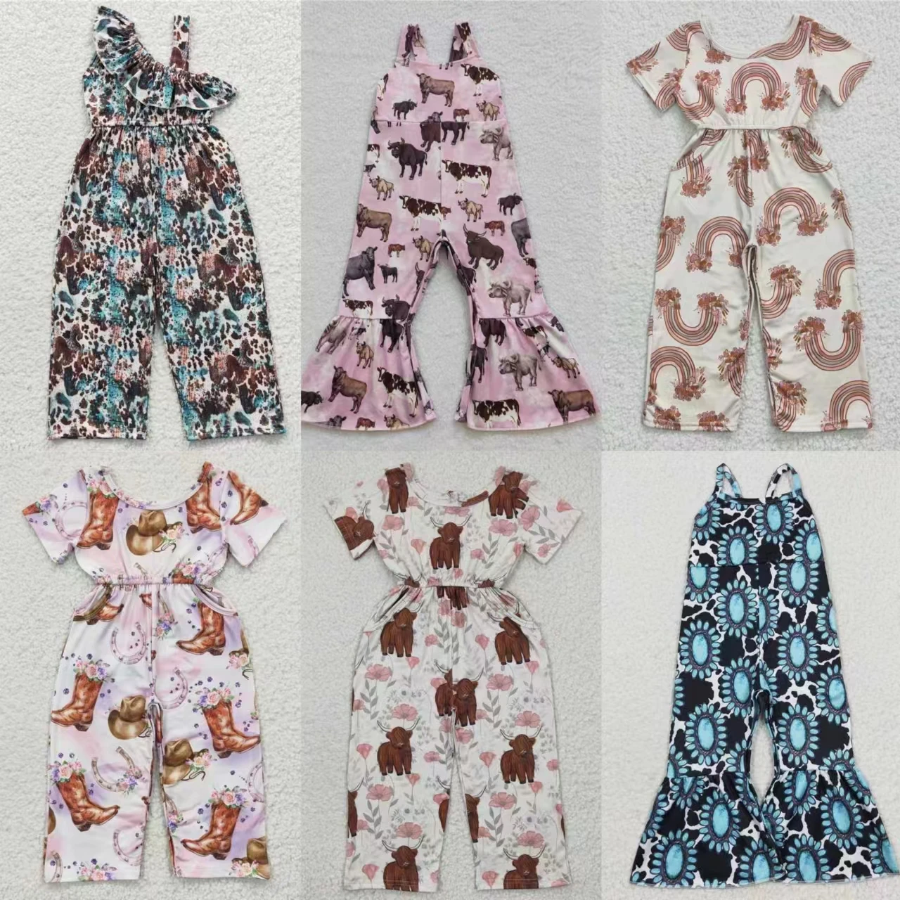 Wholesale Western Baby Girl Jumpsuit Toddler Children Cow Print Floral One-piece Clothing Kids Pants Boots Overalls Romper