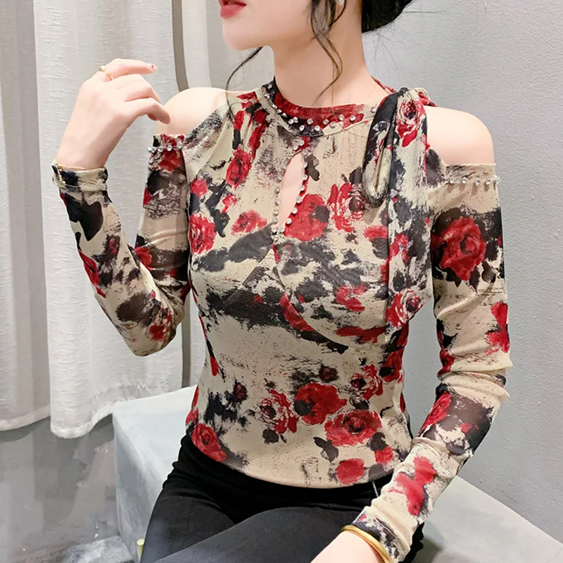 

Autumn Winter Long Sleeved Off Shoulder Women's Tops Elegant Slim Sexy Hollow Out Beading Printed Mesh T-Shirt Blusas