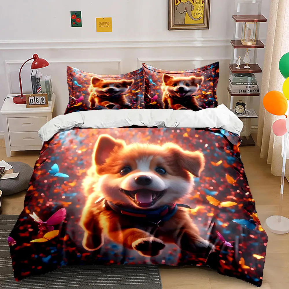 Joyful puppy with colorful butterflies Printed Duvet Cover Set1 Duvet Cover+2 PillowcaseMulti Size Bedroom Bedding Decor