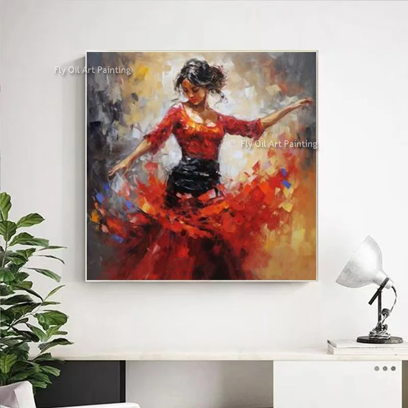 

Original Beautiful Gril Wear Red Derss Dacing Thick Oil Painting Handmade Elegance Gril Singing And Dacing Canvas Wall Art Decor