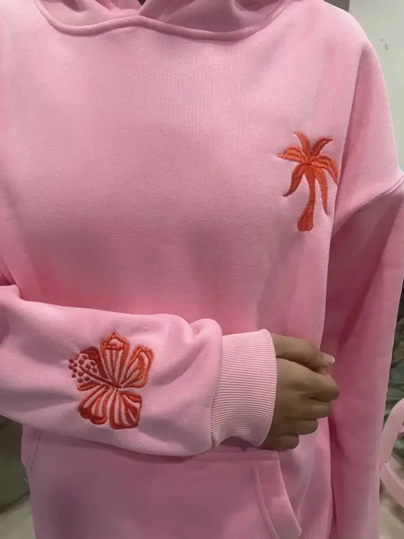 pink palm puff hoodie embroidered oversize cotton graphic hoodies sweatshirt drop shoulder high street wear drop shipping