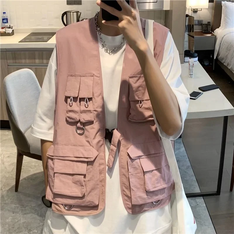 EBAIHUI Black Pink Pocket Vests Men Fashion Retro Casual Cargo Sleeveless Jacket Male Japanese Streetwear Loose Hip Hop Vest