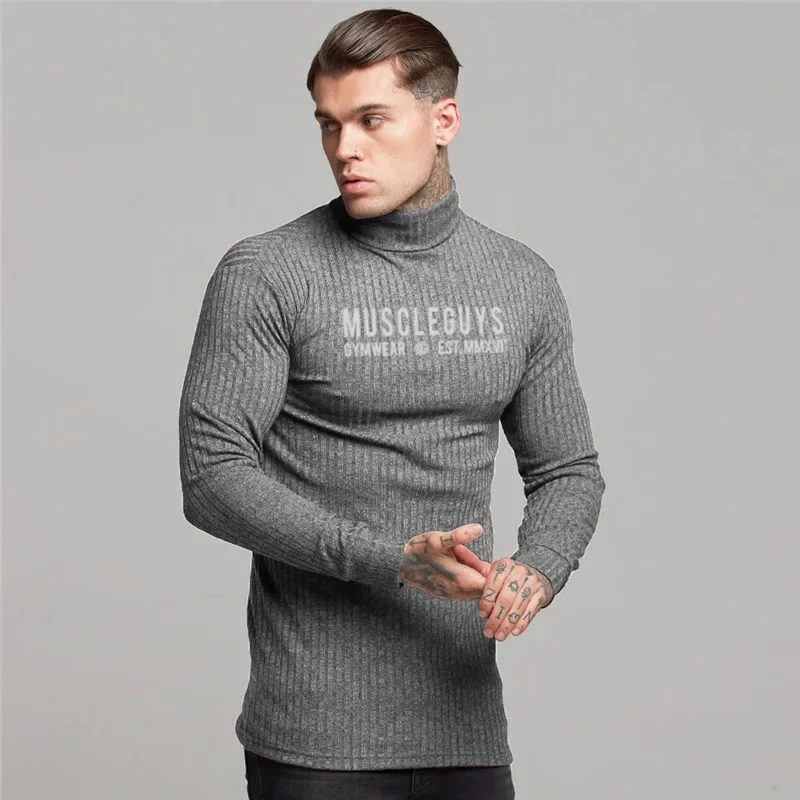 Autumn Long Sleeve Sweater Elastic Sport Pullover Mens Casual Fitness Running T-Shirts Gym Bodybuilding Training Knitted Shirts