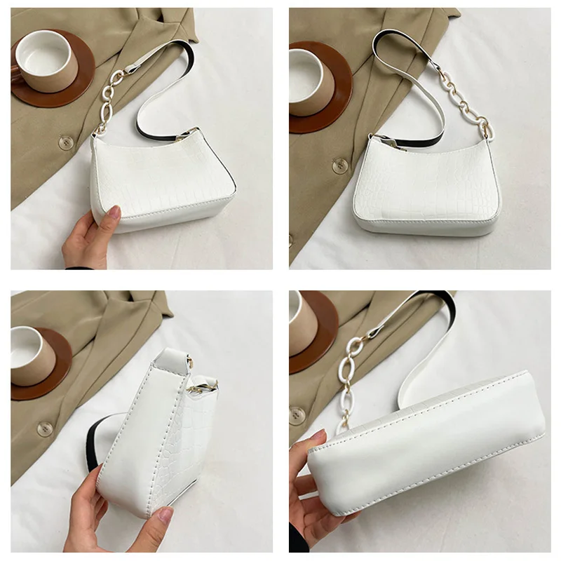 Fashion Crocodile Pattern Shoulder Bags For Women, Texture PU Leather Chain Underarm Bag Solid Color Designer Ladies Handbags