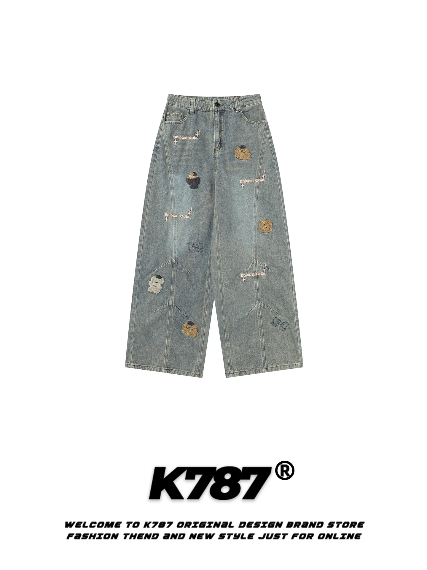 

K787 American Retro Cartoon Embroidered Jeans Loose Casual High Waist Wide Leg Long Trousers for Men And Women