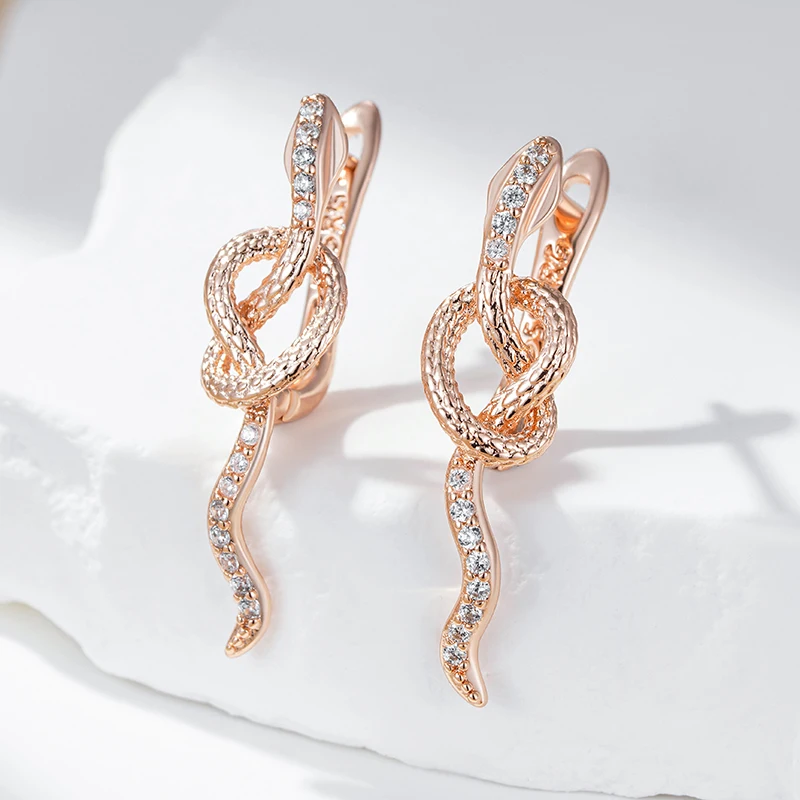 Kinel Hot Full Natural Zircon Snake Drop Earrings For Women Fashion 585 Rose Gold Color Heavy Metals Punk Rock Animal Jewelry