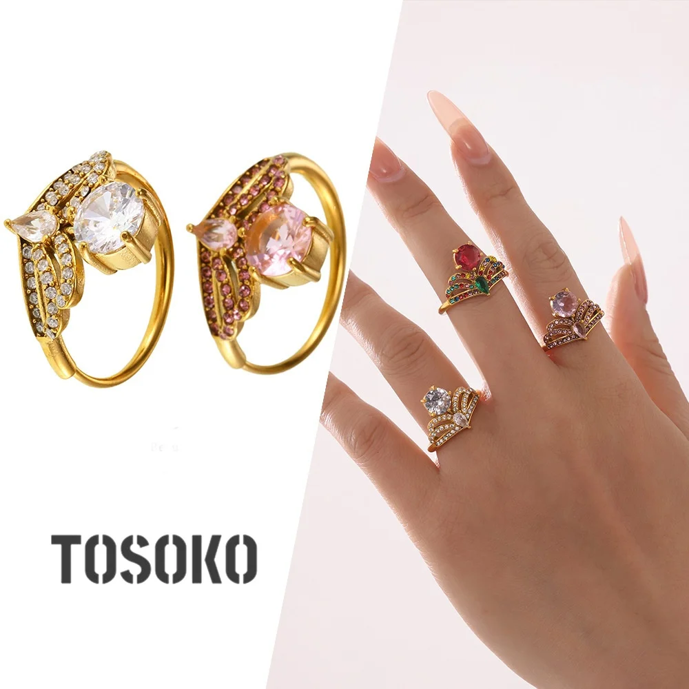 TOSOKO Stainless Steel Heavy Industry Explosion Flash Exaggerated Side Opening Ring Adjustable Full Zircon Ring for Women A974