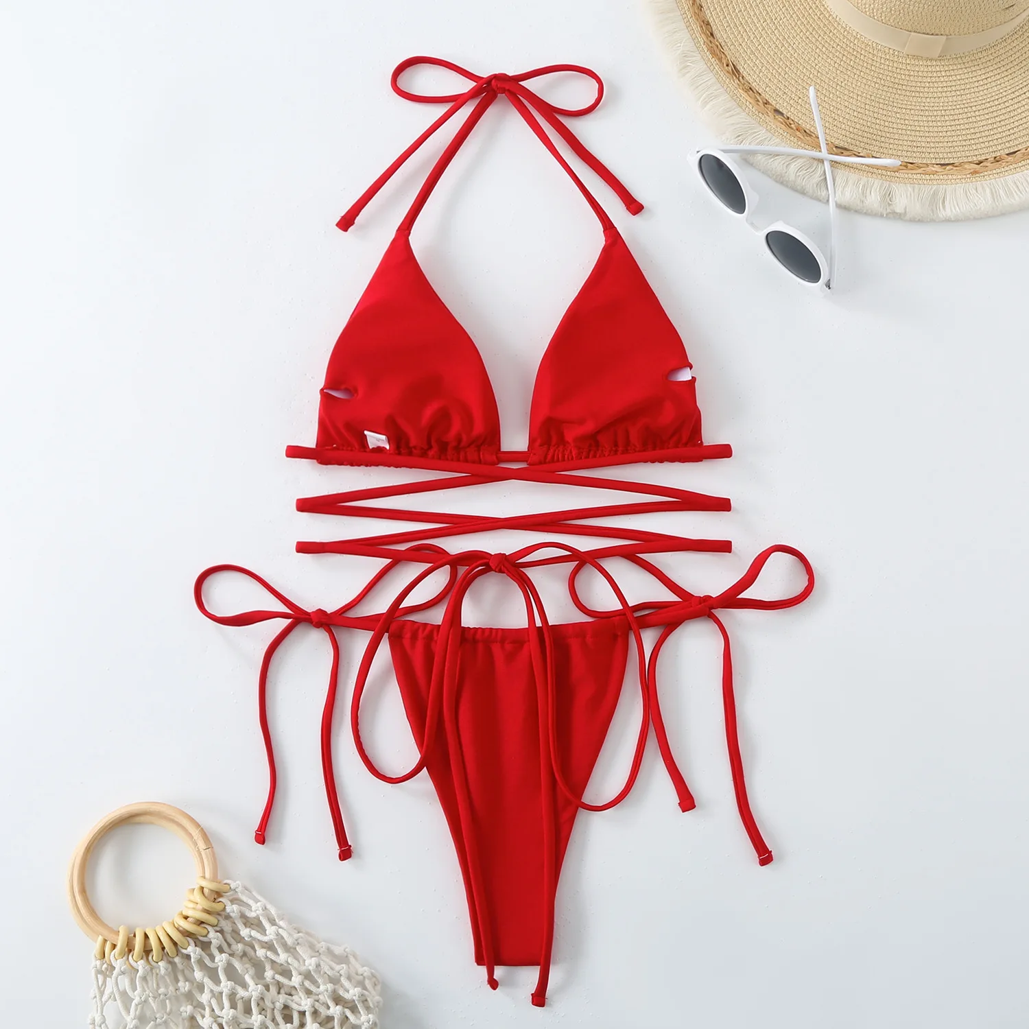 Sexy Red Micro Bikini 2024 Mujer Women Swimsuit Black Criss Cross Bandage  Push Up Swimwear Bathing Suit Tie Side Thong Bikinis