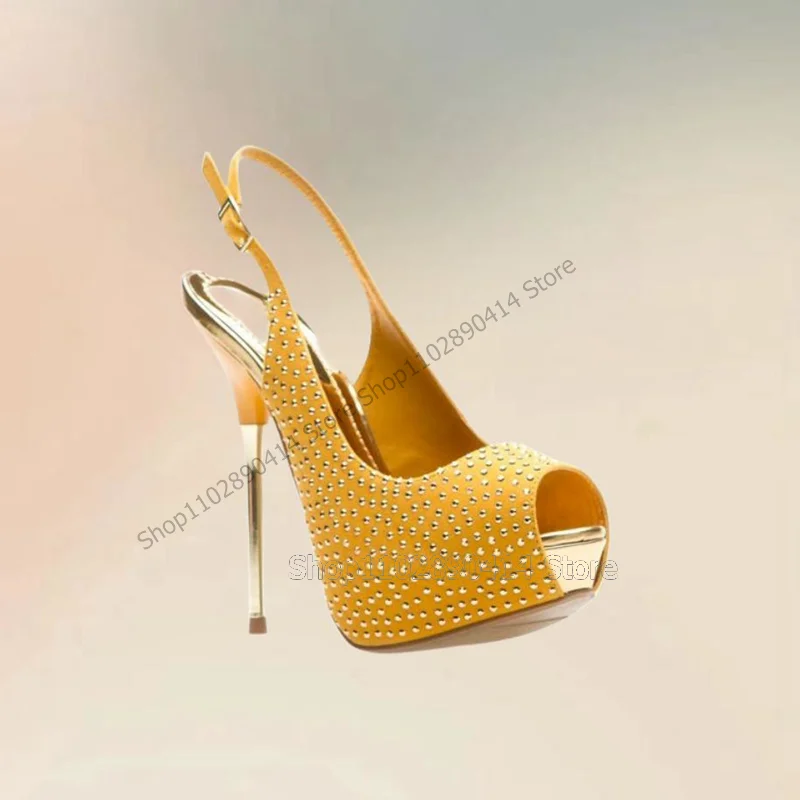 Rhinestone Decor Metal Heel Platform Bombas para mulheres, sapatos de cinta de tornozelo, moda Peep Toe, festa roxa, 2024